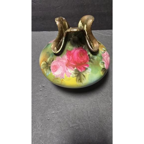 Vintage Hand Painted Porcelain Rose Bowl Vase Gilt Rim Pink Roses *repairs - Picture 1 of 12